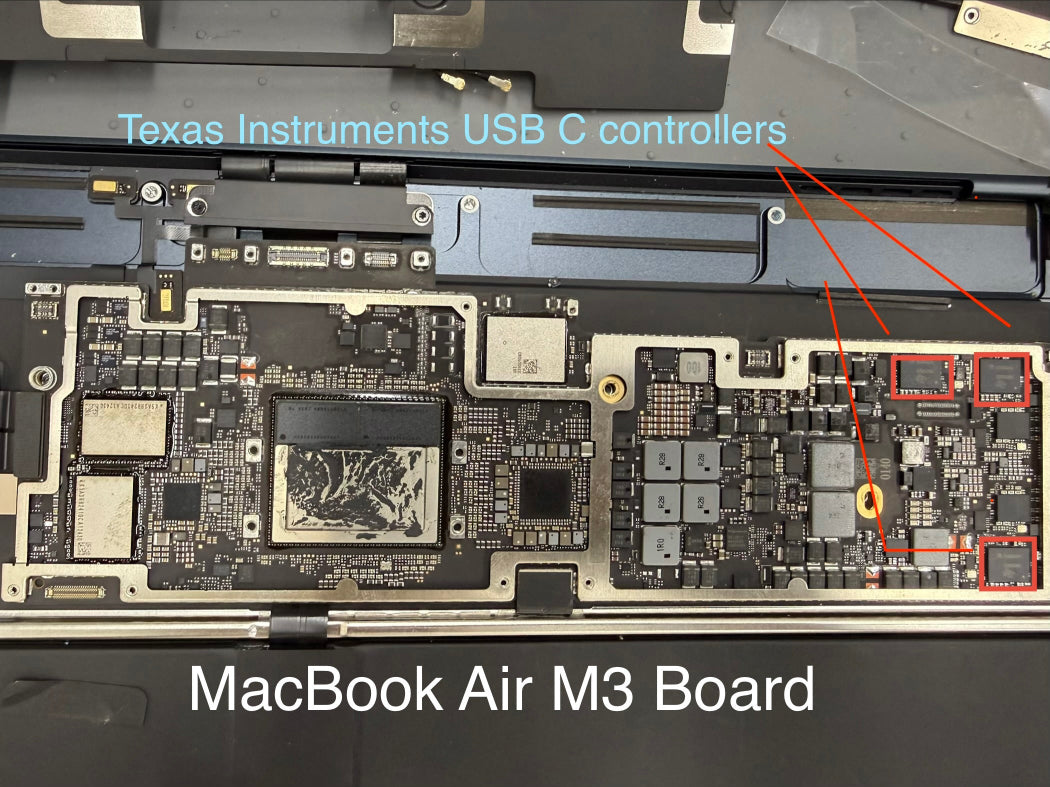 Close-up of a MacBook Air M3 replacement board with labeled Texas Instruments USB C controllers and highlighted red boxes pointing to specific chips.